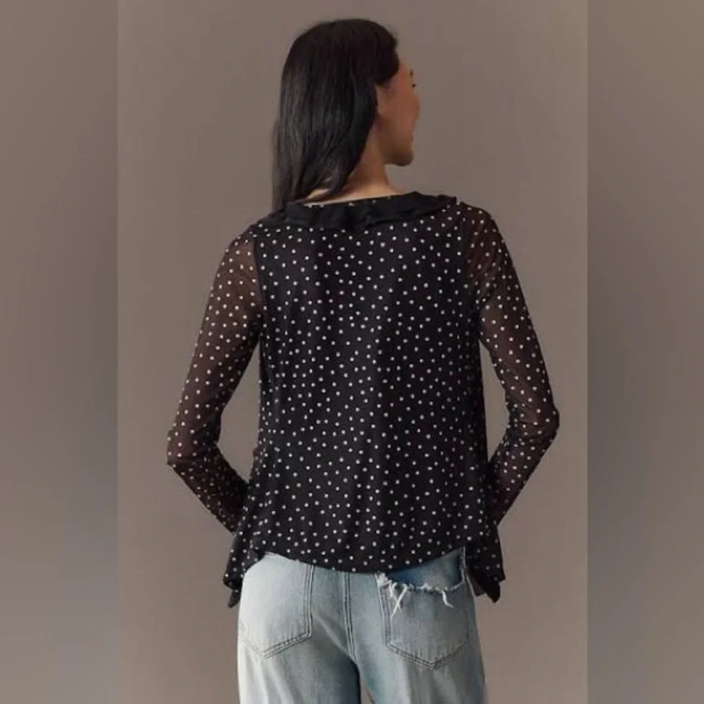 Anthropologie Maeve Lace-Trim Sheer Cardigan Top Polka Dot Black White Medium - Picture 2 of 5